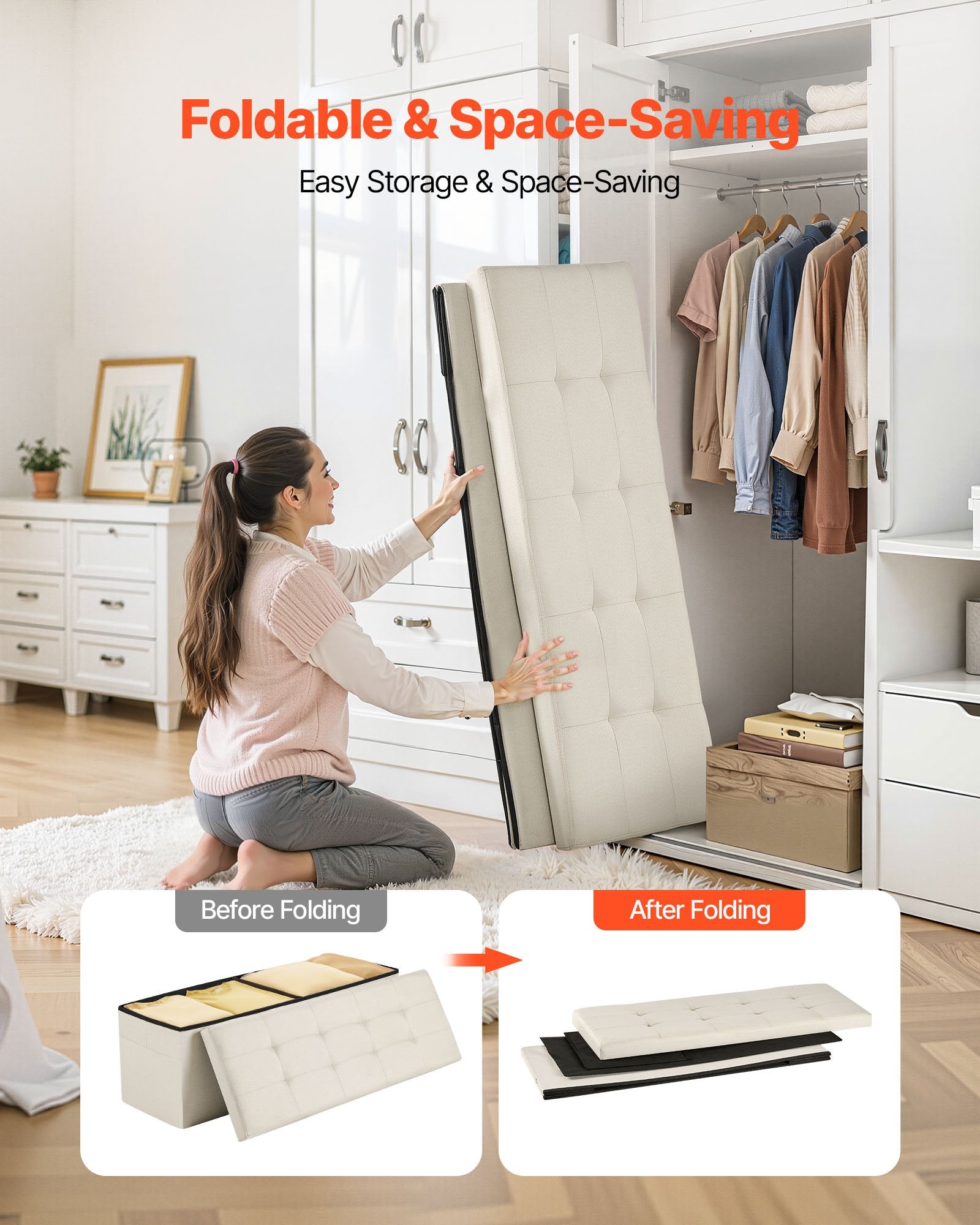 Foldable Storage Ottoman Bench, End of Bed Bench with Side Bags, Folding Upholstered Storage Chest Supports 660 lbs, Linen Bed Ottoman with Large Space for Living Room, Bedroom, Entryway, Beige - Image 4