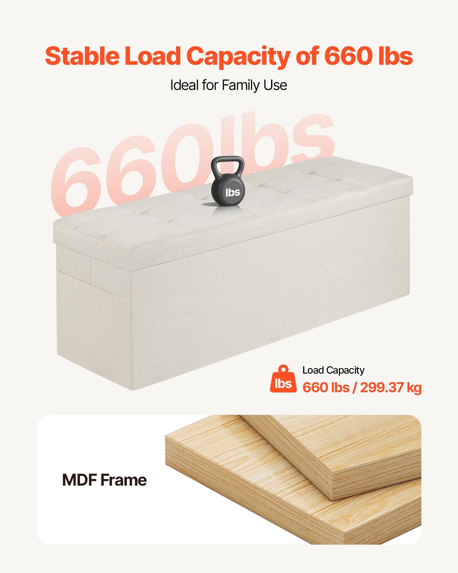 Foldable Storage Ottoman Bench, End of Bed Bench with Side Bags, Folding Upholstered Storage Chest Supports 660 lbs, Linen Bed Ottoman with Large Space for Living Room, Bedroom, Entryway, Beige - Image 6