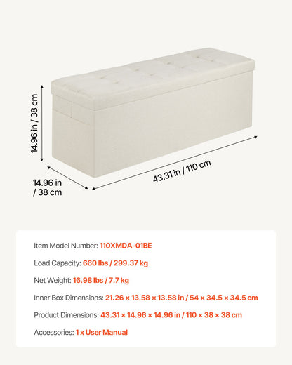 Foldable Storage Ottoman Bench, End of Bed Bench with Side Bags, Folding Upholstered Storage Chest Supports 660 lbs, Linen Bed Ottoman with Large Space for Living Room, Bedroom, Entryway, Beige - Image 7