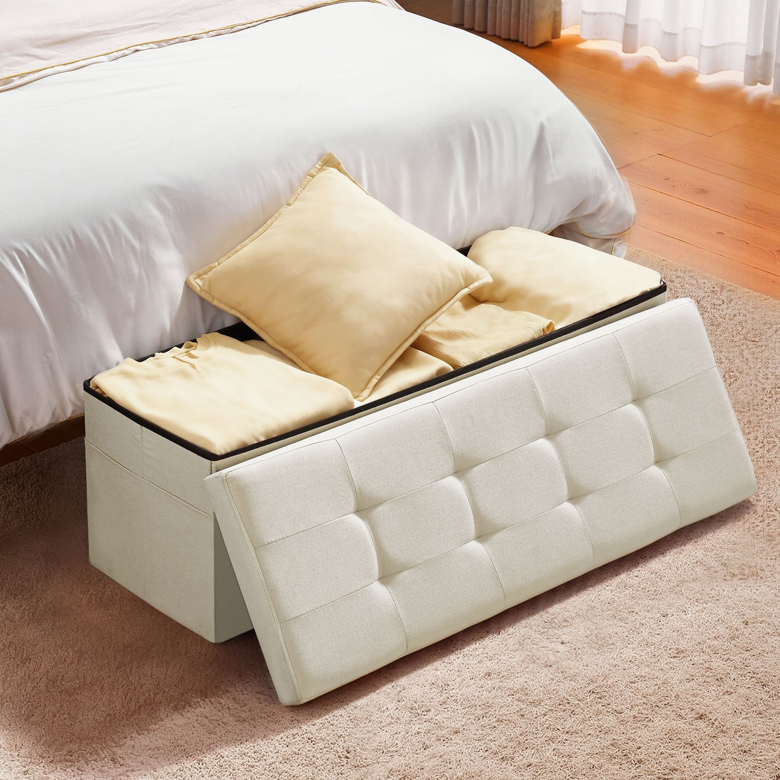 Foldable Storage Ottoman Bench, End of Bed Bench with Side Bags, Folding Upholstered Storage Chest Supports 660 lbs, Linen Bed Ottoman with Large Space for Living Room, Bedroom, Entryway, Beige - Image 8