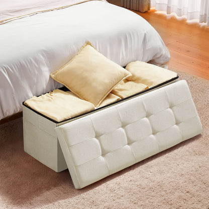 Foldable Storage Ottoman Bench, End of Bed Bench with Side Bags, Folding Upholstered Storage Chest Supports 660 lbs, Linen Bed Ottoman with Large Space for Living Room, Bedroom, Entryway, Beige - Image 8