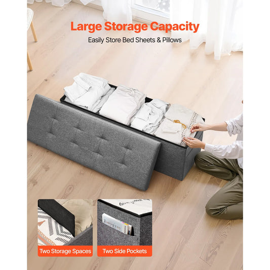 Foldable Storage Ottoman Bench, End of Bed Bench with Side Bags, Folding Upholstered Storage Chest Supports 660 lbs, Linen Bed Ottoman with Large Space for Living Room, Bedroom, Entryway, Grey - Image 2