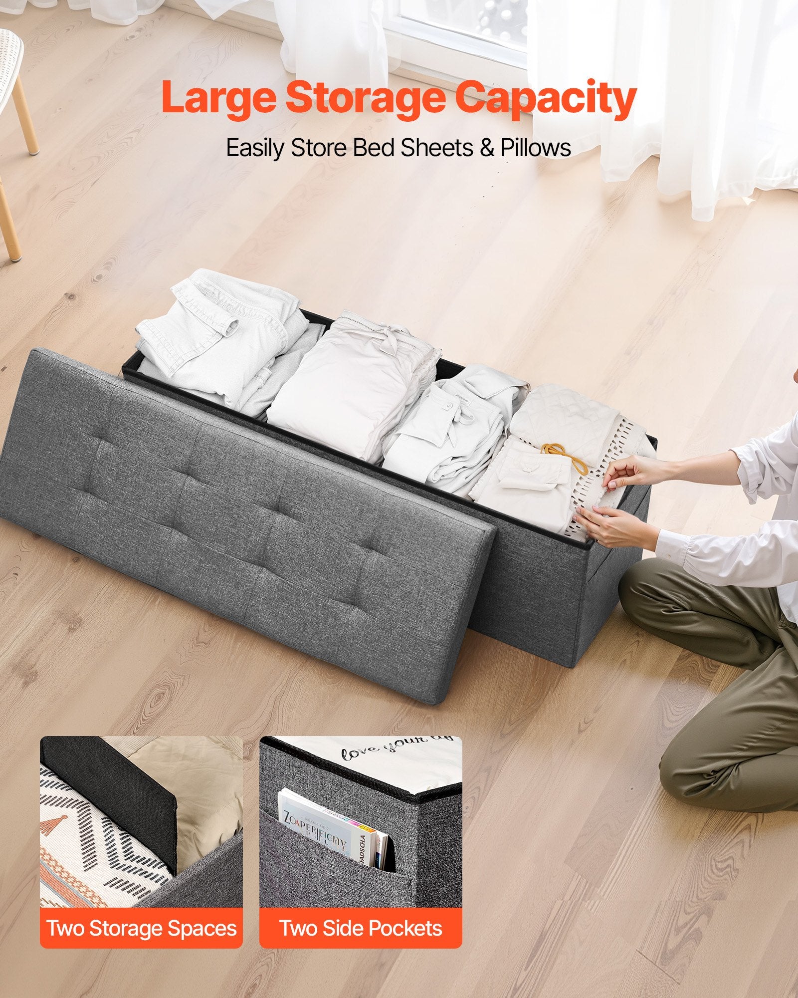 Foldable Storage Ottoman Bench, End of Bed Bench with Side Bags, Folding Upholstered Storage Chest Supports 660 lbs, Linen Bed Ottoman with Large Space for Living Room, Bedroom, Entryway, Grey - Image 2