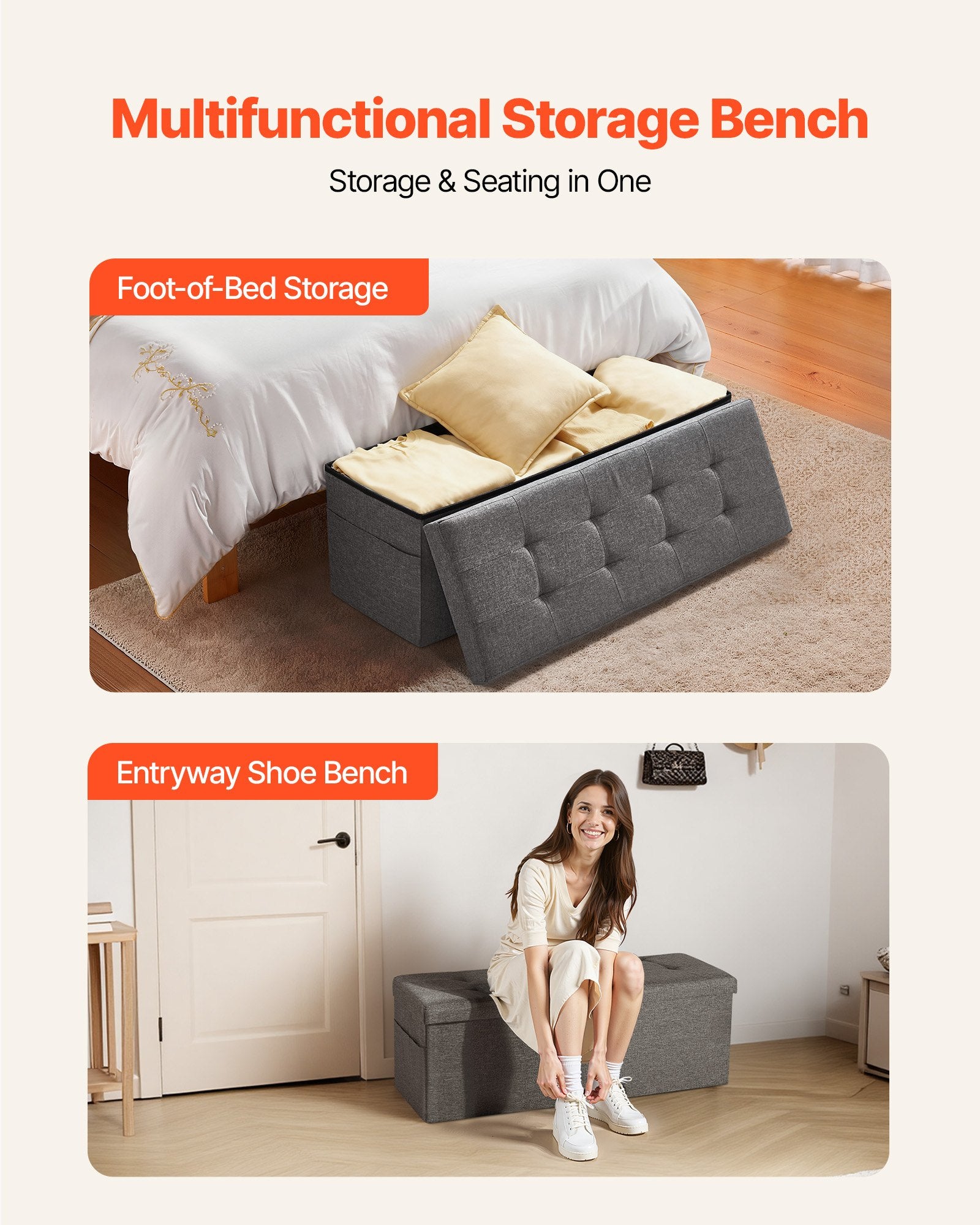 Foldable Storage Ottoman Bench, End of Bed Bench with Side Bags, Folding Upholstered Storage Chest Supports 660 lbs, Linen Bed Ottoman with Large Space for Living Room, Bedroom, Entryway, Grey - Image 3