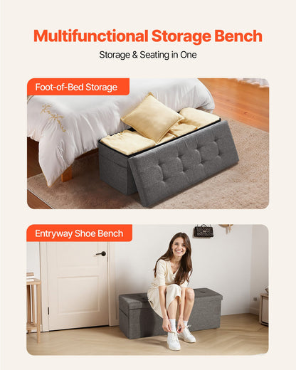 Foldable Storage Ottoman Bench, End of Bed Bench with Side Bags, Folding Upholstered Storage Chest Supports 660 lbs, Linen Bed Ottoman with Large Space for Living Room, Bedroom, Entryway, Grey - Image 3