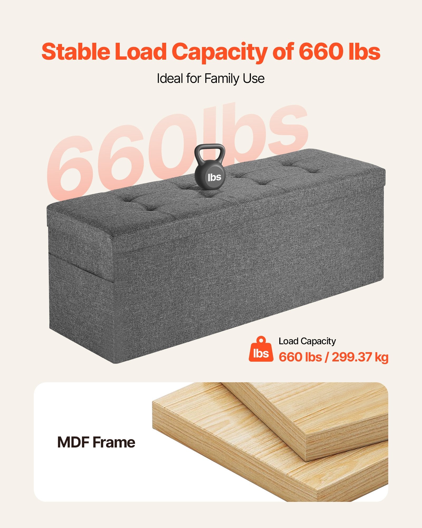 Foldable Storage Ottoman Bench, End of Bed Bench with Side Bags, Folding Upholstered Storage Chest Supports 660 lbs, Linen Bed Ottoman with Large Space for Living Room, Bedroom, Entryway, Grey - Image 6