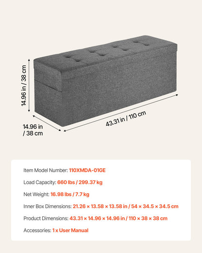 Foldable Storage Ottoman Bench, End of Bed Bench with Side Bags, Folding Upholstered Storage Chest Supports 660 lbs, Linen Bed Ottoman with Large Space for Living Room, Bedroom, Entryway, Grey - Image 7
