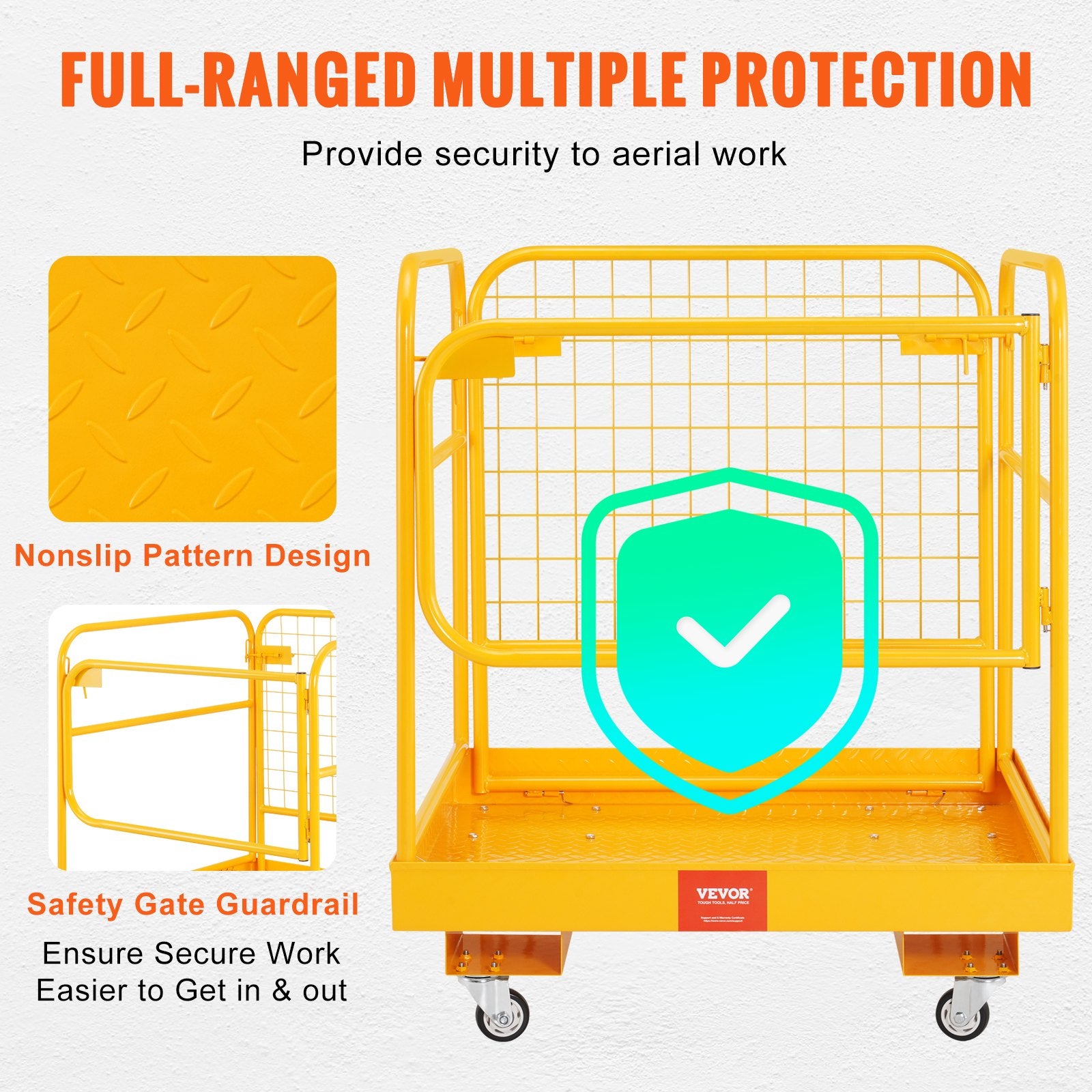 Forklift Safety Cage, 544 kg Load Capacity, 92 x 92 cm Folding Forklift Work Platform with Lockable Swivel Wheels, Drain Hole, and Device Chain, Holds 1 to 2 Adults, Perfect for Aerial Work - Image 3