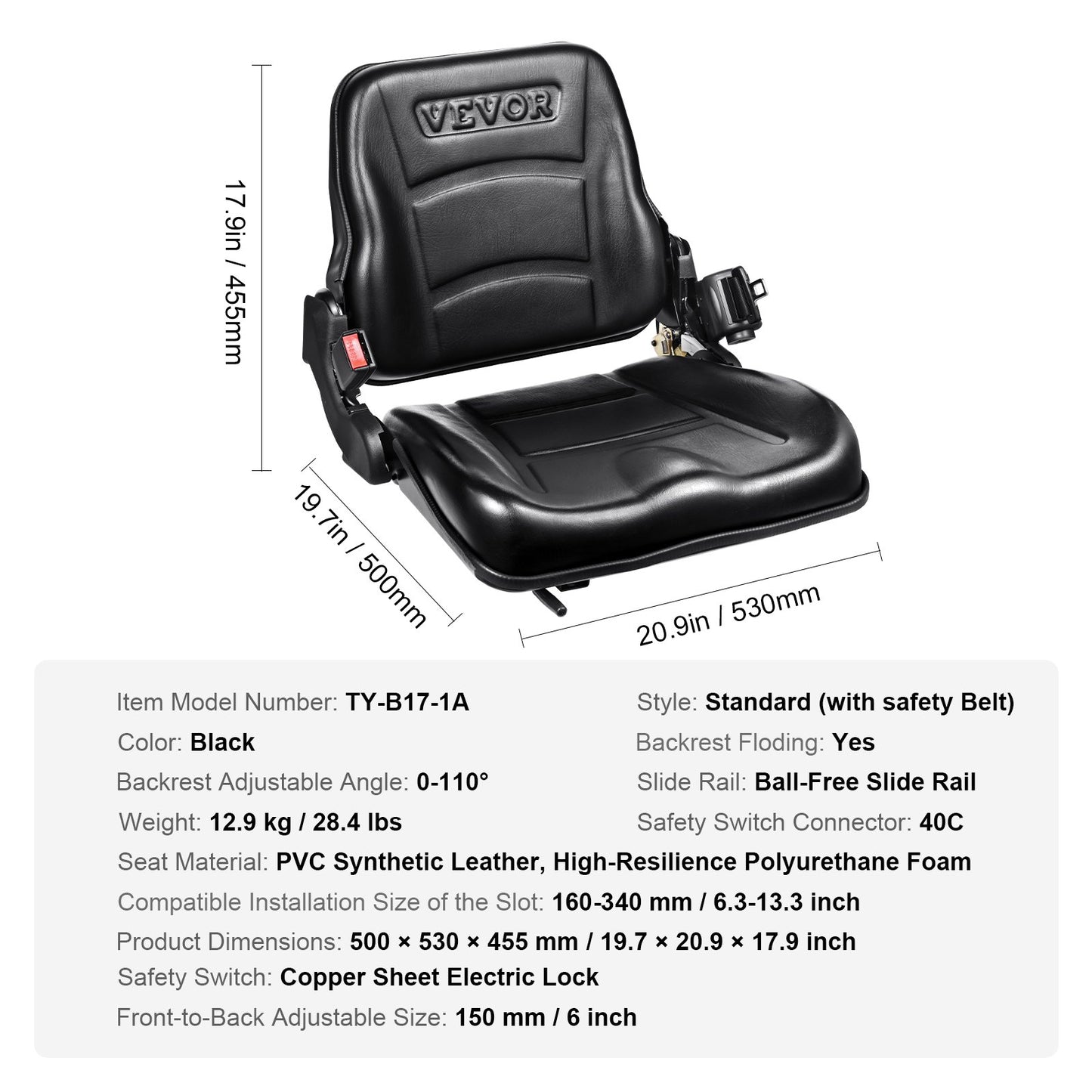 Universal Forklift Seat, Fold Down Tractor Seat with Adjustable Angle Back, Micro Switch and Retractable Seatbelt, 16-34 cm Slot Forklift Seat for Tractor Loader Excavator - Image 7