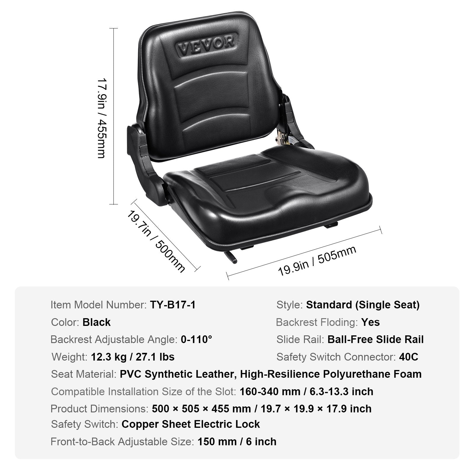 Universal Forklift Seat, Fold Down Tractor Seat with Adjustable Angle Back and Micro Switch, 16-34 cm Extended Slot Comfortable Forklift Seat for Tractor Loader Excavator - Image 7