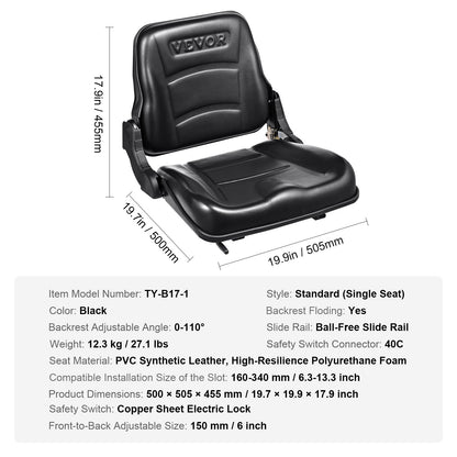 Universal Forklift Seat, Fold Down Tractor Seat with Adjustable Angle Back and Micro Switch, 16-34 cm Extended Slot Comfortable Forklift Seat for Tractor Loader Excavator - Image 7