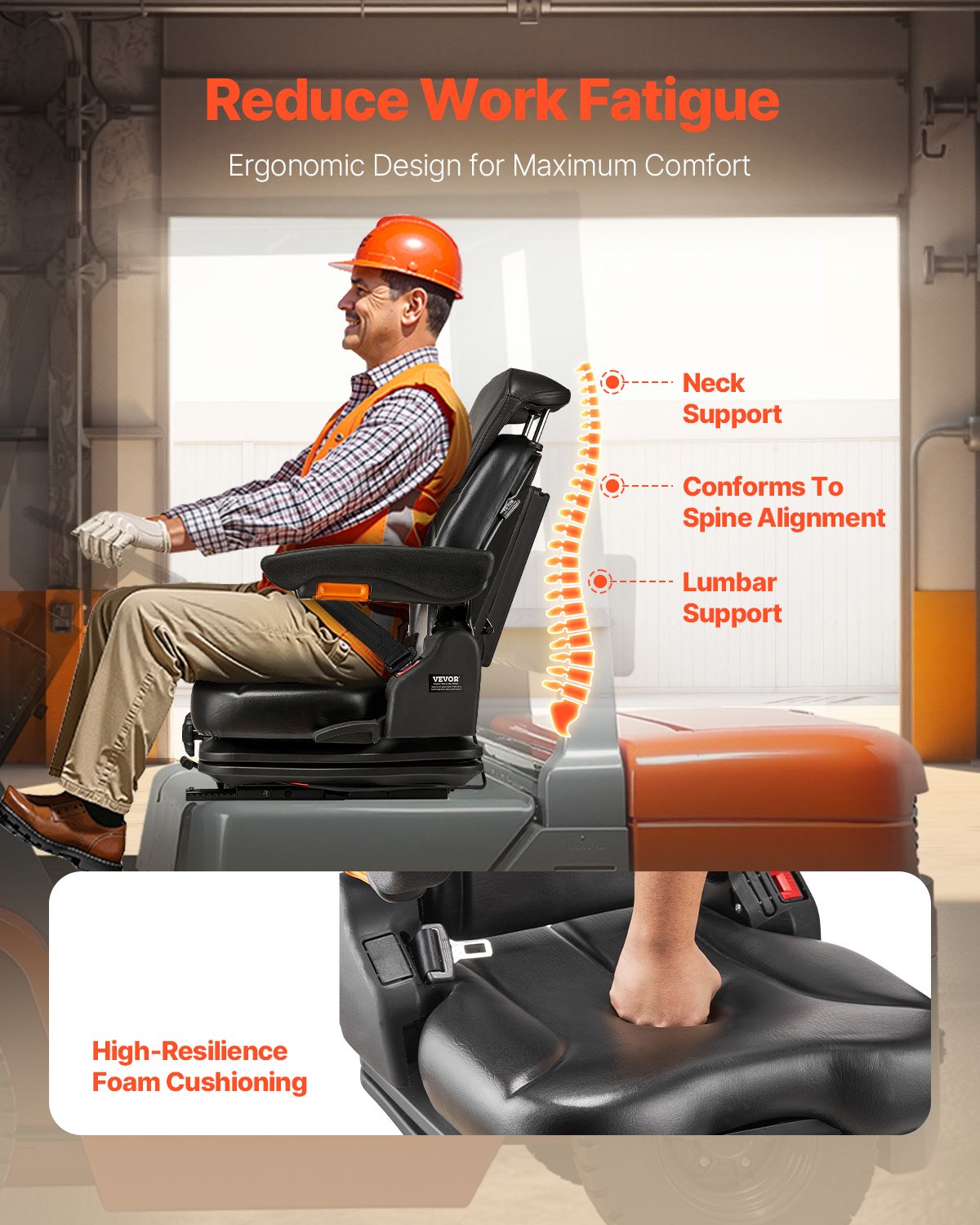 Universal Forklift Seat, Tractor Suspension Seat with Adjustable Back, Armrest, Headrest & Safety Belt, Secure Fold Down Tractor Seat with Micro Switch, Lawnmower Seat for Skid Loader Bulldozer - Image 3