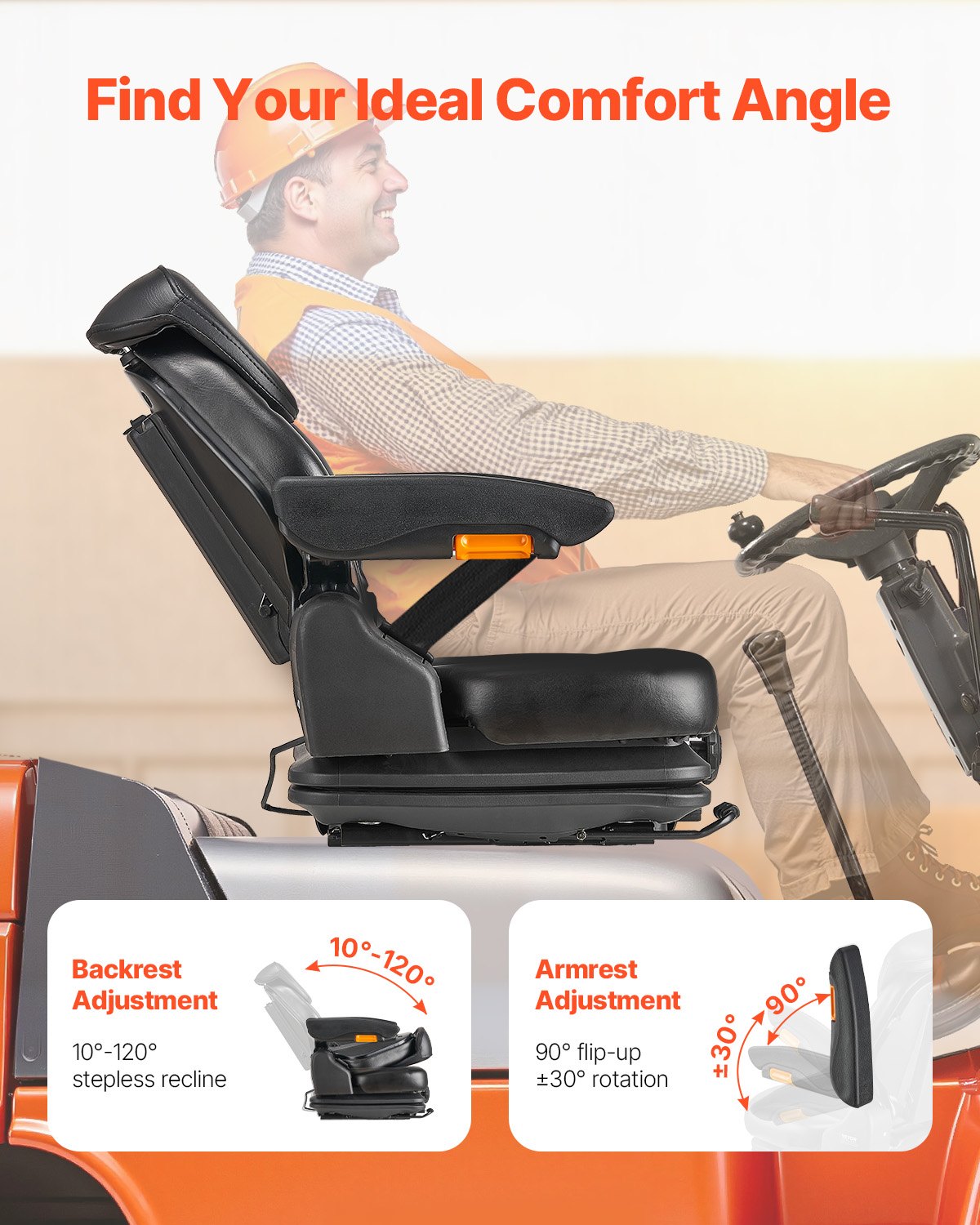 Universal Forklift Seat, Tractor Suspension Seat with Adjustable Back, Armrest, Headrest & Safety Belt, Secure Fold Down Tractor Seat with Micro Switch, Lawnmower Seat for Skid Loader Bulldozer - Image 5