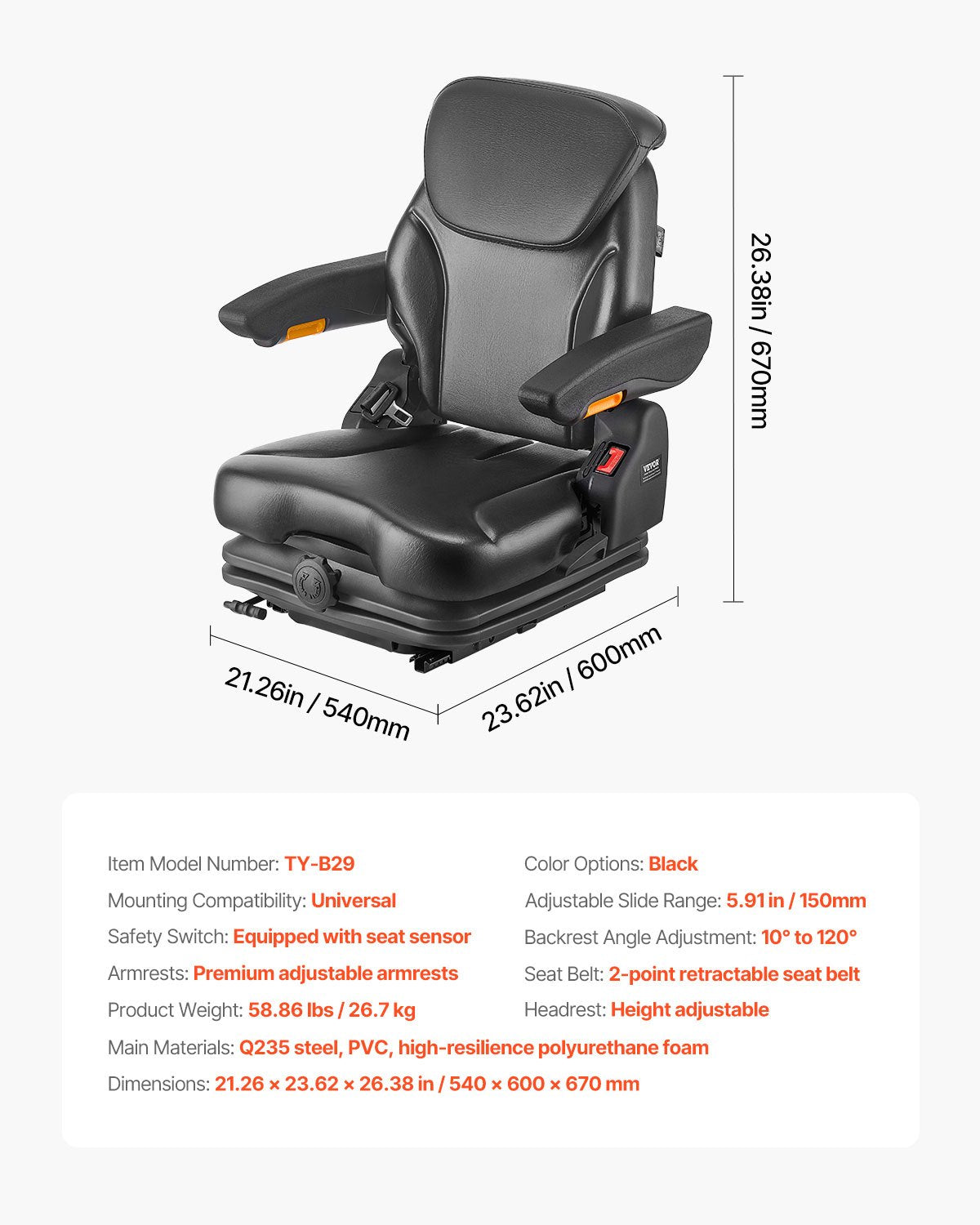 Universal Forklift Seat, Tractor Suspension Seat with Adjustable Back, Armrest, Headrest & Safety Belt, Secure Fold Down Tractor Seat with Micro Switch, Lawnmower Seat for Skid Loader Bulldozer - Image 7