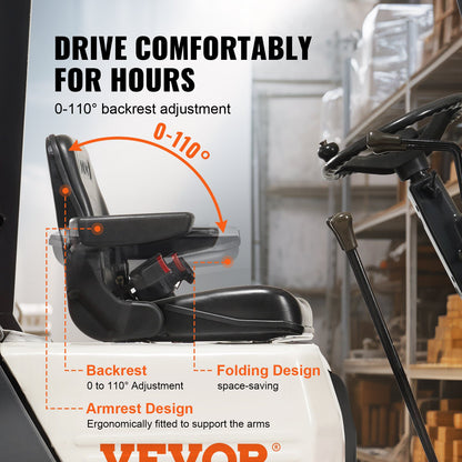 Universal Forklift Seat, Fold Down Tractor Seat with Adjustable Angle Back, Micro Switch, Seatbelt and Armrests, 16-34 cm Slot Tractor Seat for Tractor Loader Excavator - Image 3