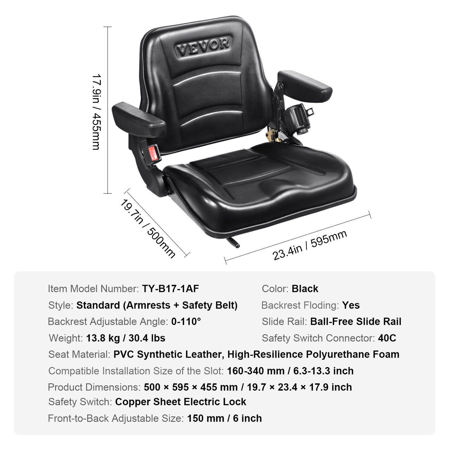 Universal Forklift Seat, Fold Down Tractor Seat with Adjustable Angle Back, Micro Switch, Seatbelt and Armrests, 16-34 cm Slot Tractor Seat for Tractor Loader Excavator - Image 7