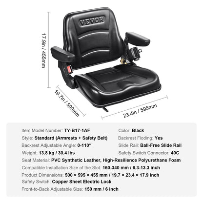 Universal Forklift Seat, Fold Down Tractor Seat with Adjustable Angle Back, Micro Switch, Seatbelt and Armrests, 16-34 cm Slot Tractor Seat for Tractor Loader Excavator - Image 7