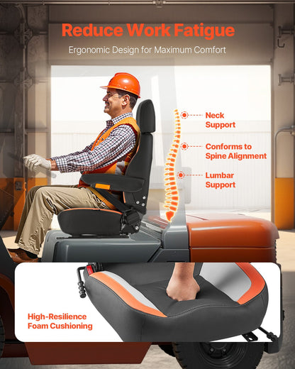 Forklift Seat Mower Tractor Seat Adjustable Back Seatbelt & Headrest - Image 3