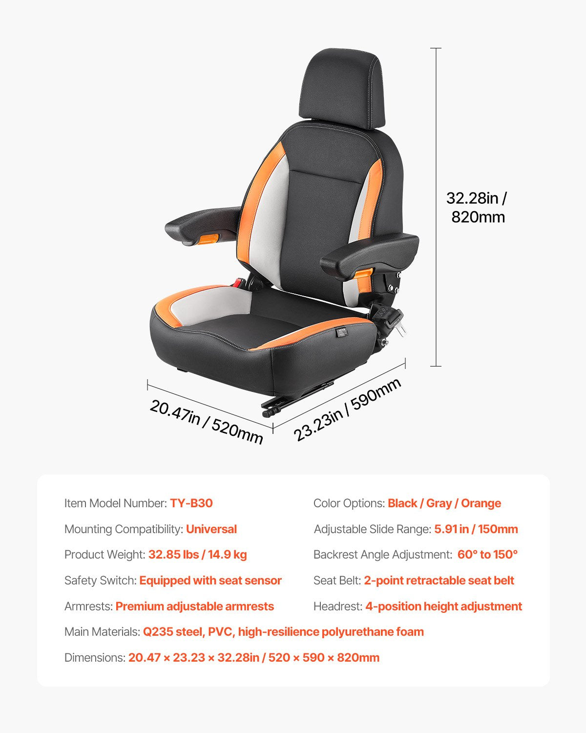 Forklift Seat Mower Tractor Seat Adjustable Back Seatbelt & Headrest - Image 7