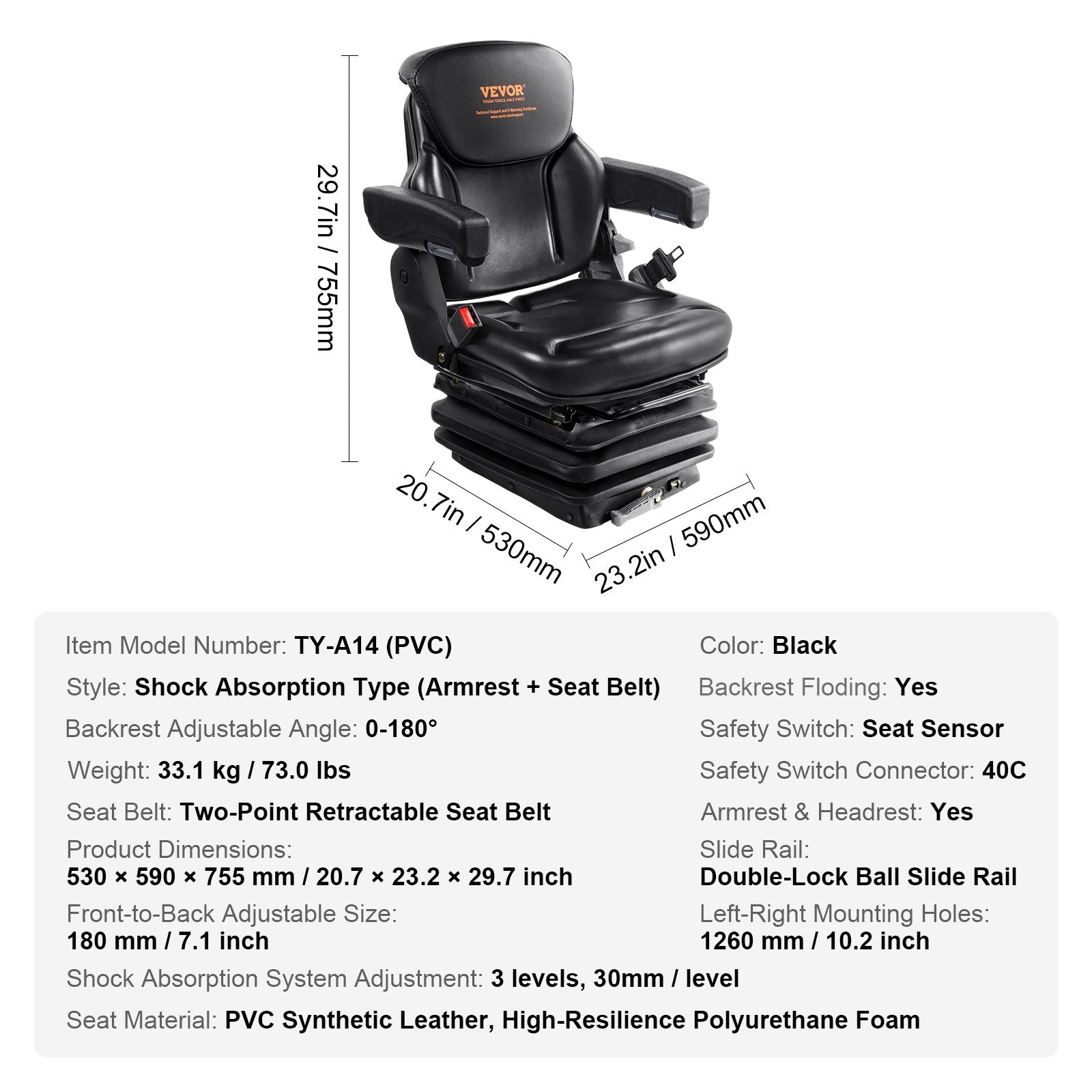 Universal Forklift Seat Adjustable Tractor Seat with Seatbelt Armrests - Image 7