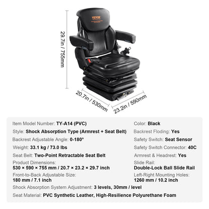Universal Forklift Seat Adjustable Tractor Seat with Seatbelt Armrests - Image 7