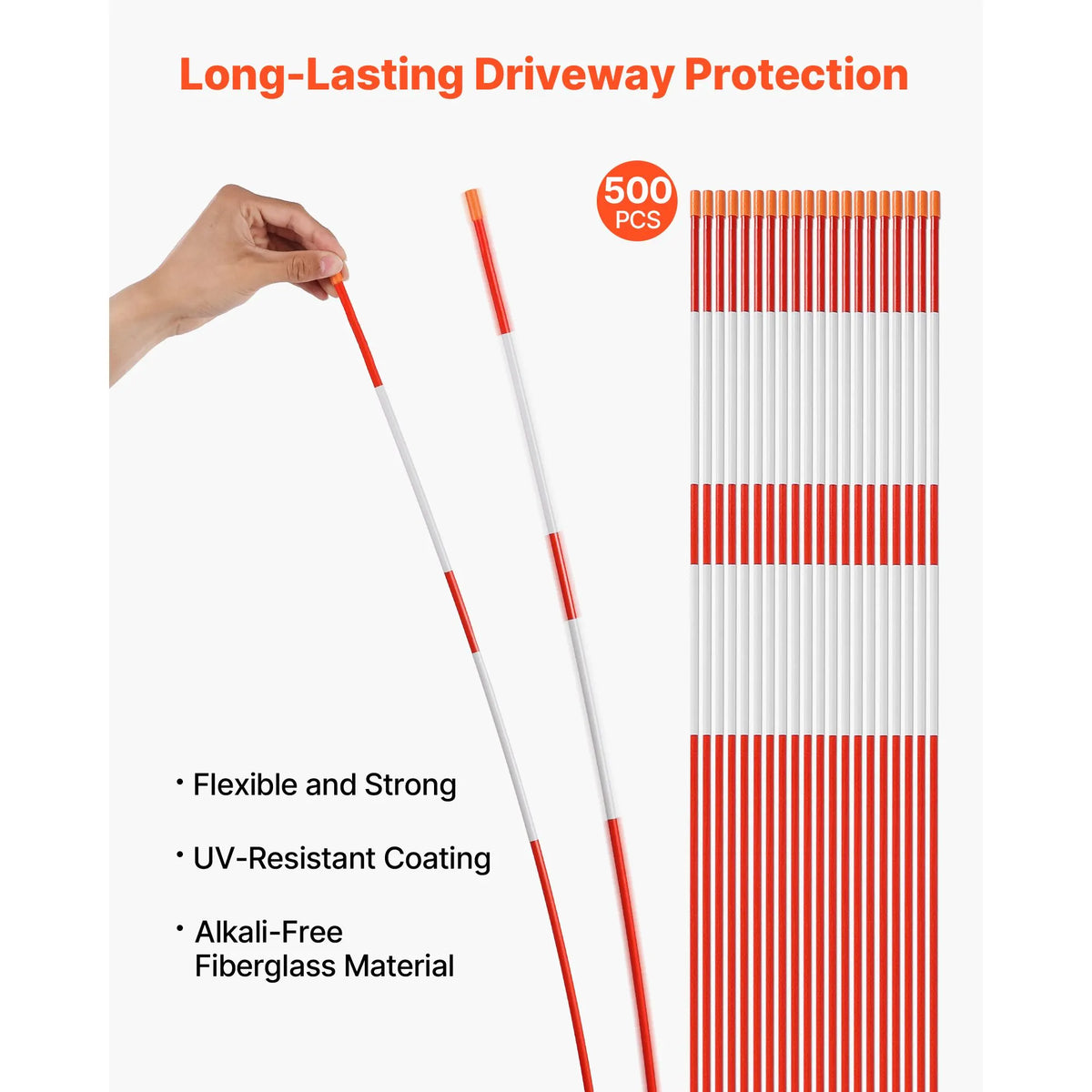 Driveway Markers, 500Pcs 122cm Long 6.35mm Dia, Hi-Visibility Driveway Reflectors with 12 in Steel Drill Bits, Reflective Snow Sticks Fiberglass Pole for Parking Lots, Walkways, Snow Plowing - Image 2