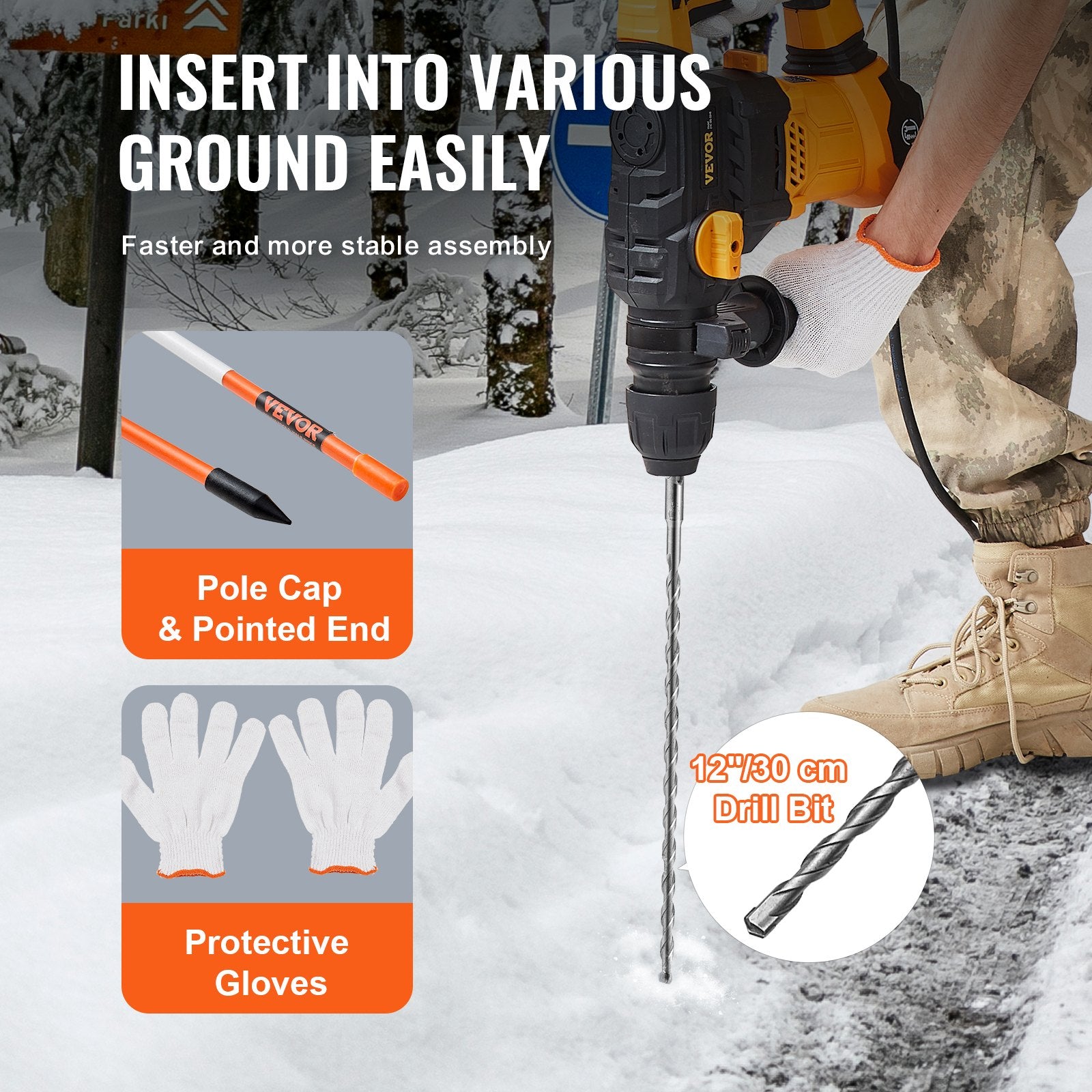 Driveway Markers, 100PCS 121.5cm, 0.78cm Diameter, Orange Fiberglass Poles Snow Stakes with Reflective Tape, 30cm Steel Drill Bit & Protection Gloves for Parking Lots, Walkways Easy Visibility - Image 3