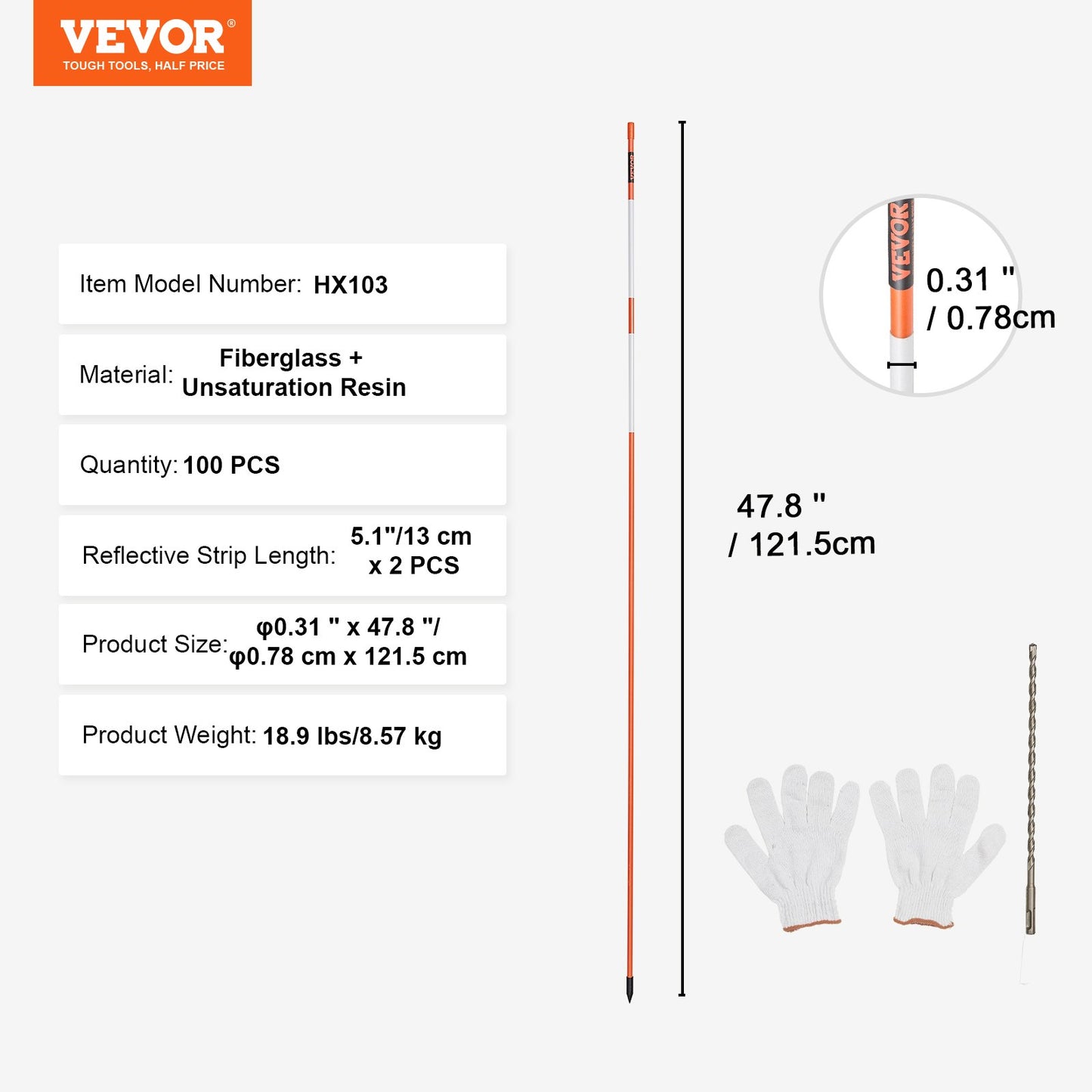 Driveway Markers, 100PCS 121.5cm, 0.78cm Diameter, Orange Fiberglass Poles Snow Stakes with Reflective Tape, 30cm Steel Drill Bit & Protection Gloves for Parking Lots, Walkways Easy Visibility - Image 7