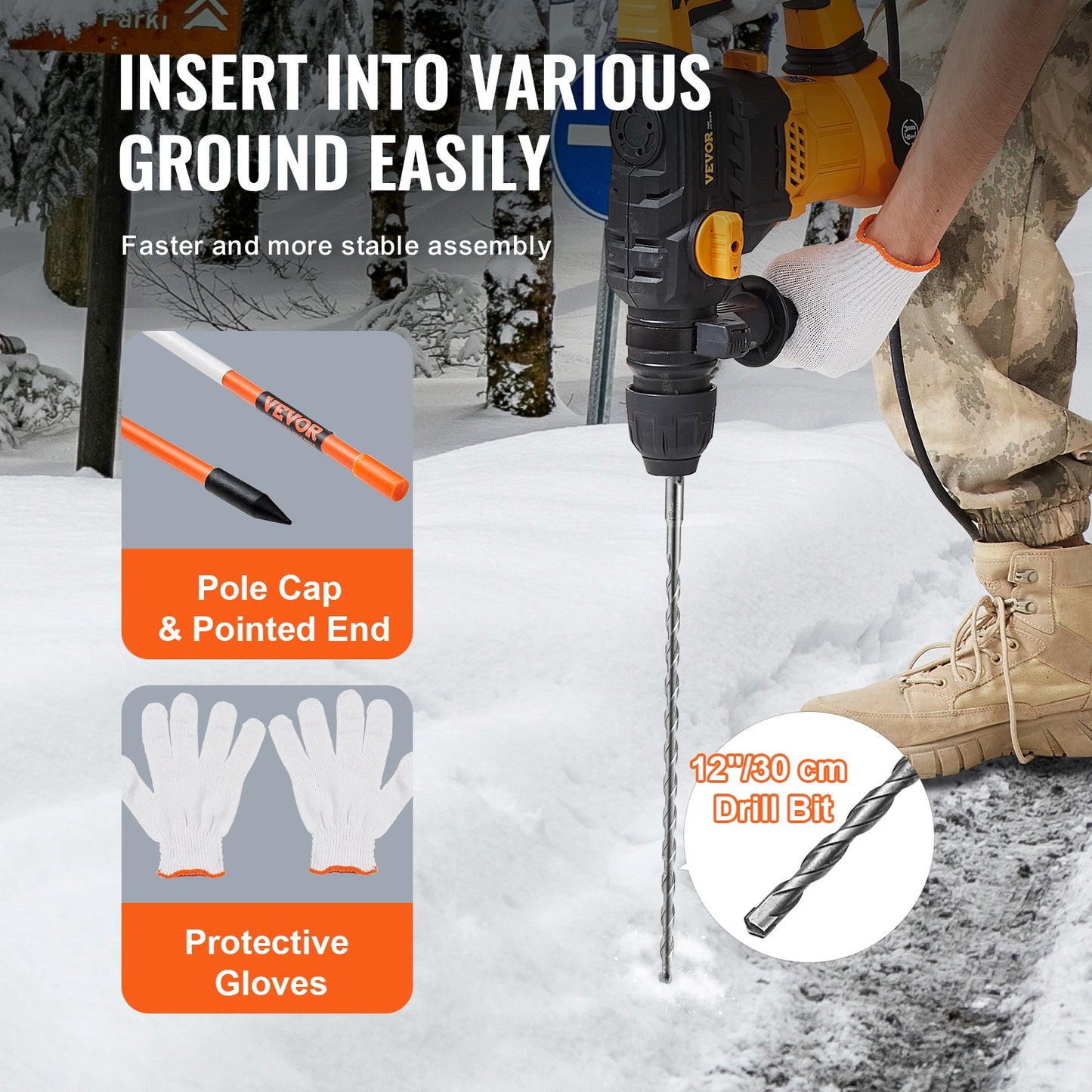 Driveway Markers, 50 PCS 121.5 cm, 0.78 cm Diameter Orange Fiberglass Poles Snow Stakes with Reflective Tape, 30 cm Steel Drill Bit & Protection Gloves for Parking Lots, Walkways Easy Visibility - Image 3