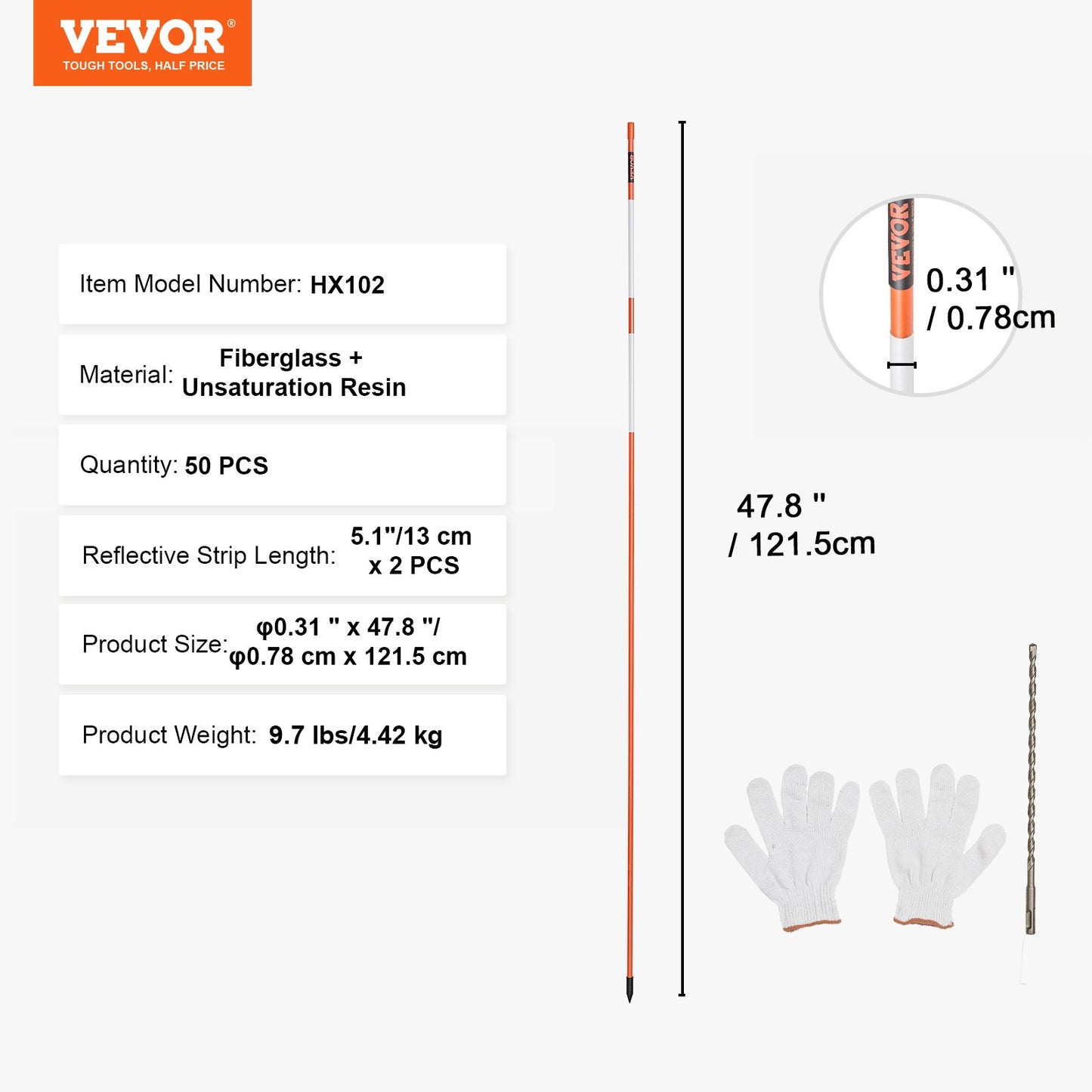 Driveway Markers, 50 PCS 121.5 cm, 0.78 cm Diameter Orange Fiberglass Poles Snow Stakes with Reflective Tape, 30 cm Steel Drill Bit & Protection Gloves for Parking Lots, Walkways Easy Visibility - Image 7
