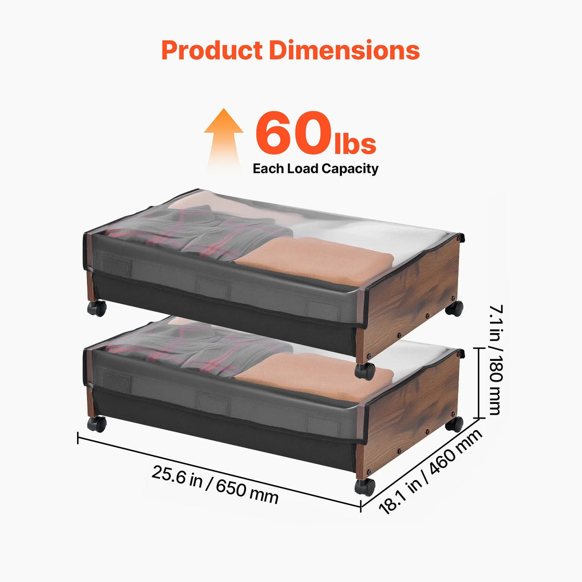 Under Bed Storage with Wheels, 650 x 460 x 180 mm Underbed Containers, Underbed Shoes Organizer with Lockable Wheels, Rolling Under the Bed Storage Bins for Clothes, Shoes, Blankets, 2 Pack - Image 3