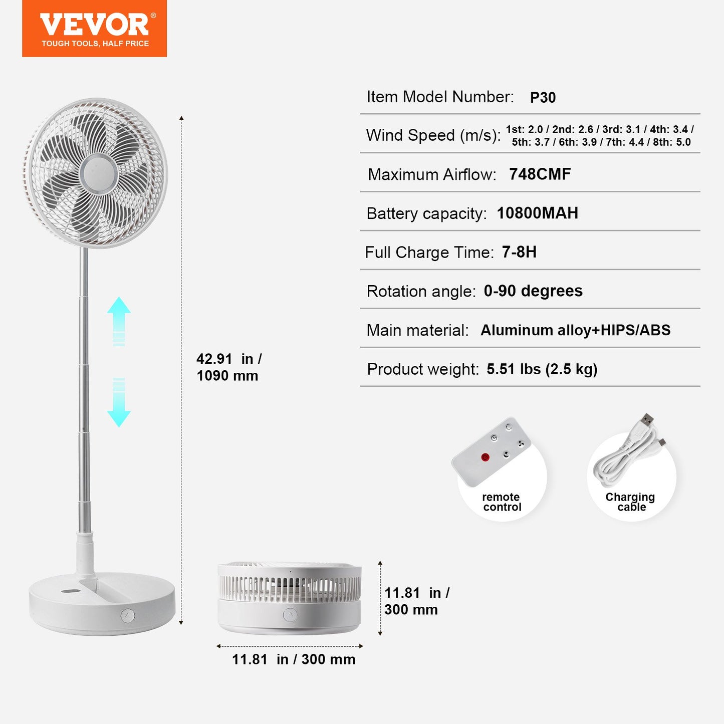 12 Inch Foldable Oscillating Standing Fan with Remote Control, 4 Speed Adjustable Portable Desk Quiet Fan, 7200mah Rechargeable USB Small Fan, Folded Rotating Floor Fan for Bedroom Office Travel - Image 7