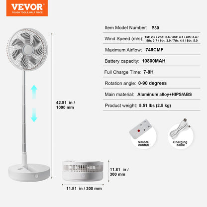 12 Inch Foldable Oscillating Standing Fan with Remote Control, 4 Speed Adjustable Portable Desk Quiet Fan, 7200mah Rechargeable USB Small Fan, Folded Rotating Floor Fan for Bedroom Office Travel - Image 7