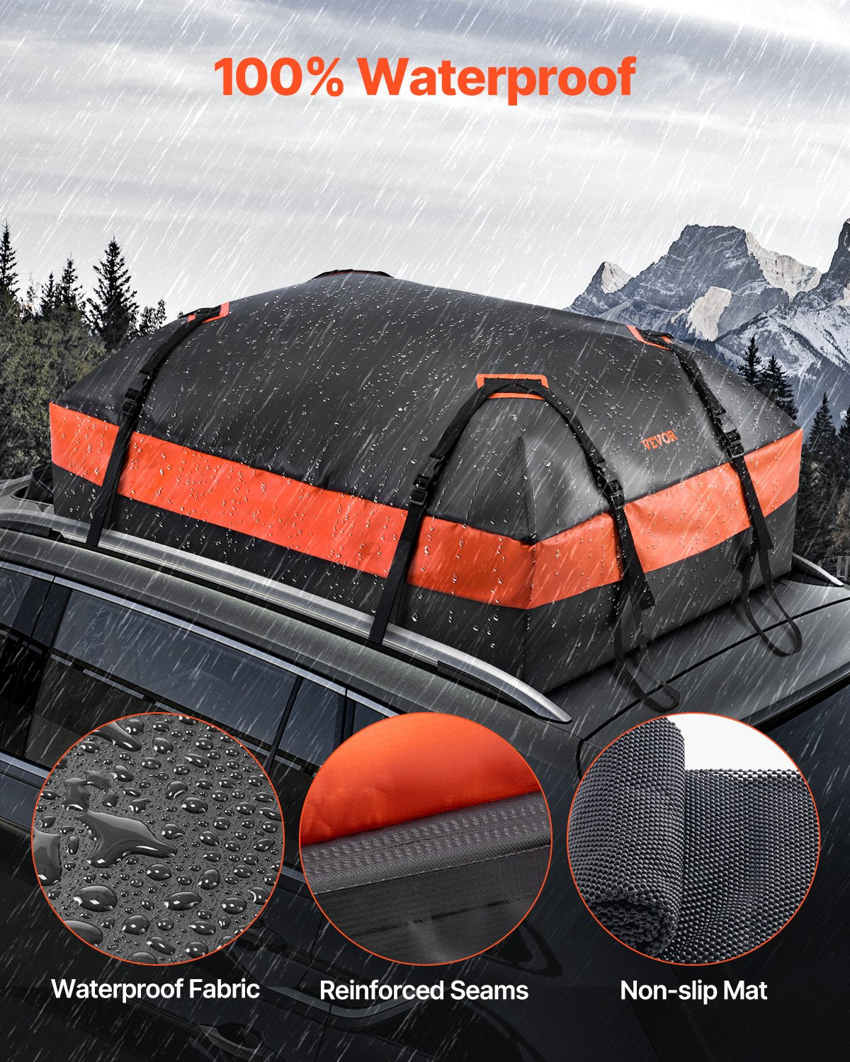 Car Rooftop Cargo Carrier Bag, 15 Cubic Feet Car Roof Cargo Carrier, 100% Waterproof Heavy Duty 840D PVC Roof Luggage Bag for All Vehicle with/without Rack- with Lock, Non-Slip Mat, 4 Door Hooks - Image 2