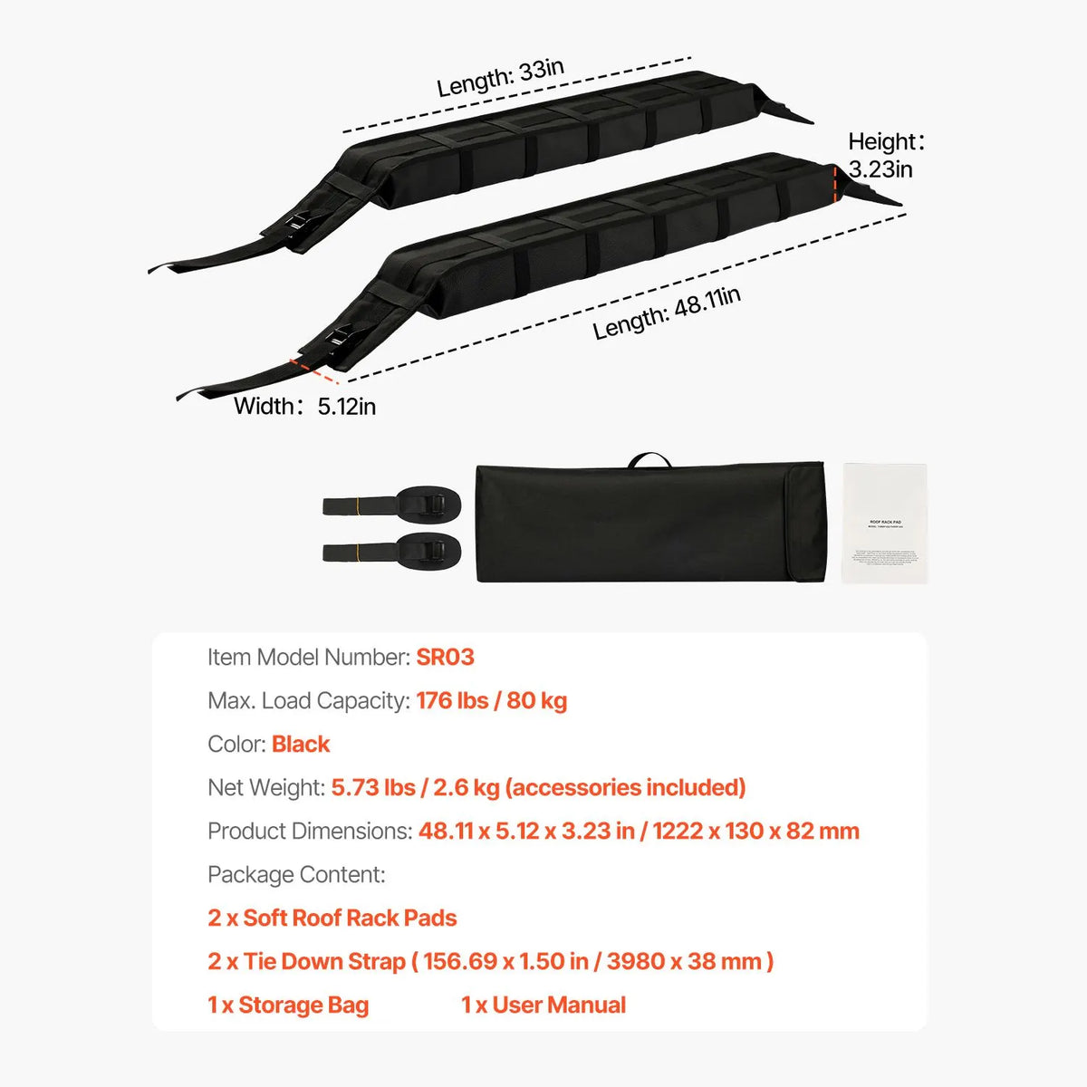 Soft Roof Rack Pads 33in 176lbs Load Capacity for Kayak Canoe Surfboard Luggage - Image 4