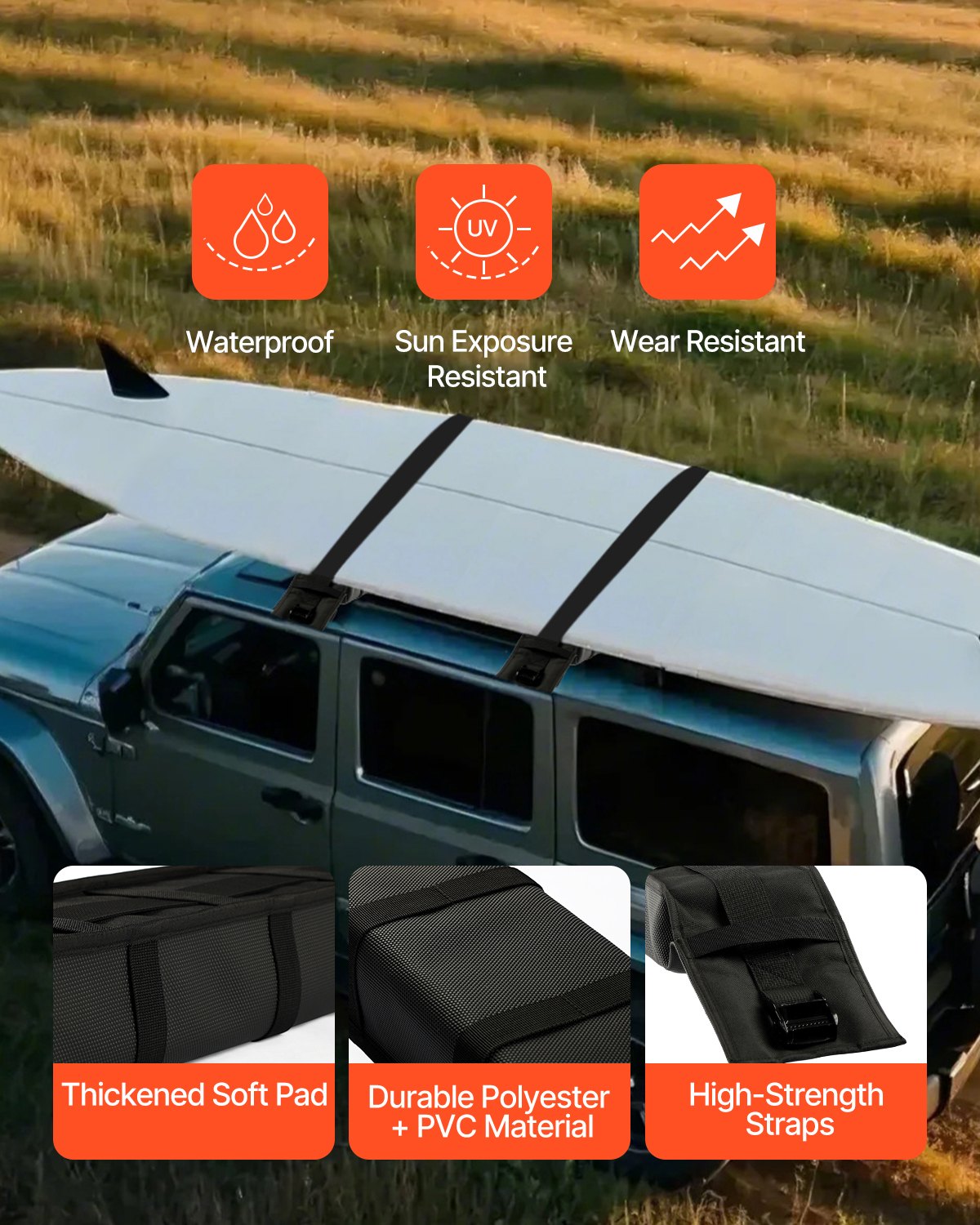 Soft Roof Rack Pads 33in 176lbs Load Capacity for Kayak Canoe Surfboard Luggage - Image 6