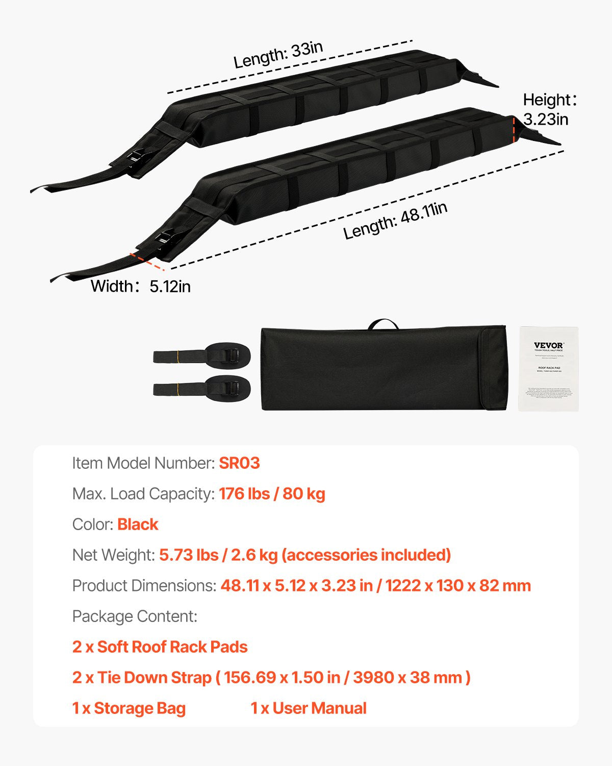 Soft Roof Rack Pads 33in 176lbs Load Capacity for Kayak Canoe Surfboard Luggage - Image 7