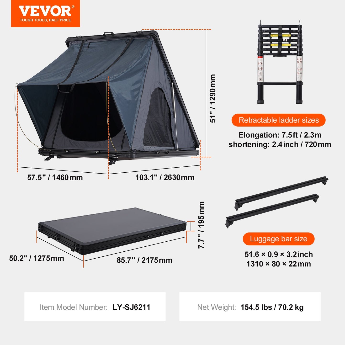 Rooftop Tent Hard Shell 2-3 Person Waterproof for Jeep SUV Truck w/ Ladder - Image 7