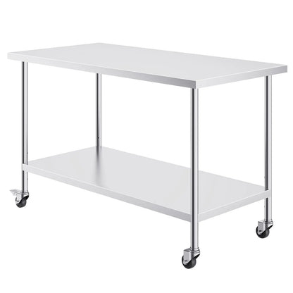 Stainless Steel Work Table 30 x 60 x 38 Inch, with 4 Wheels, 3 Adjustable Height Levels, Heavy Duty Food Prep Worktable for Commercial Kitchen Restaurant, Silver