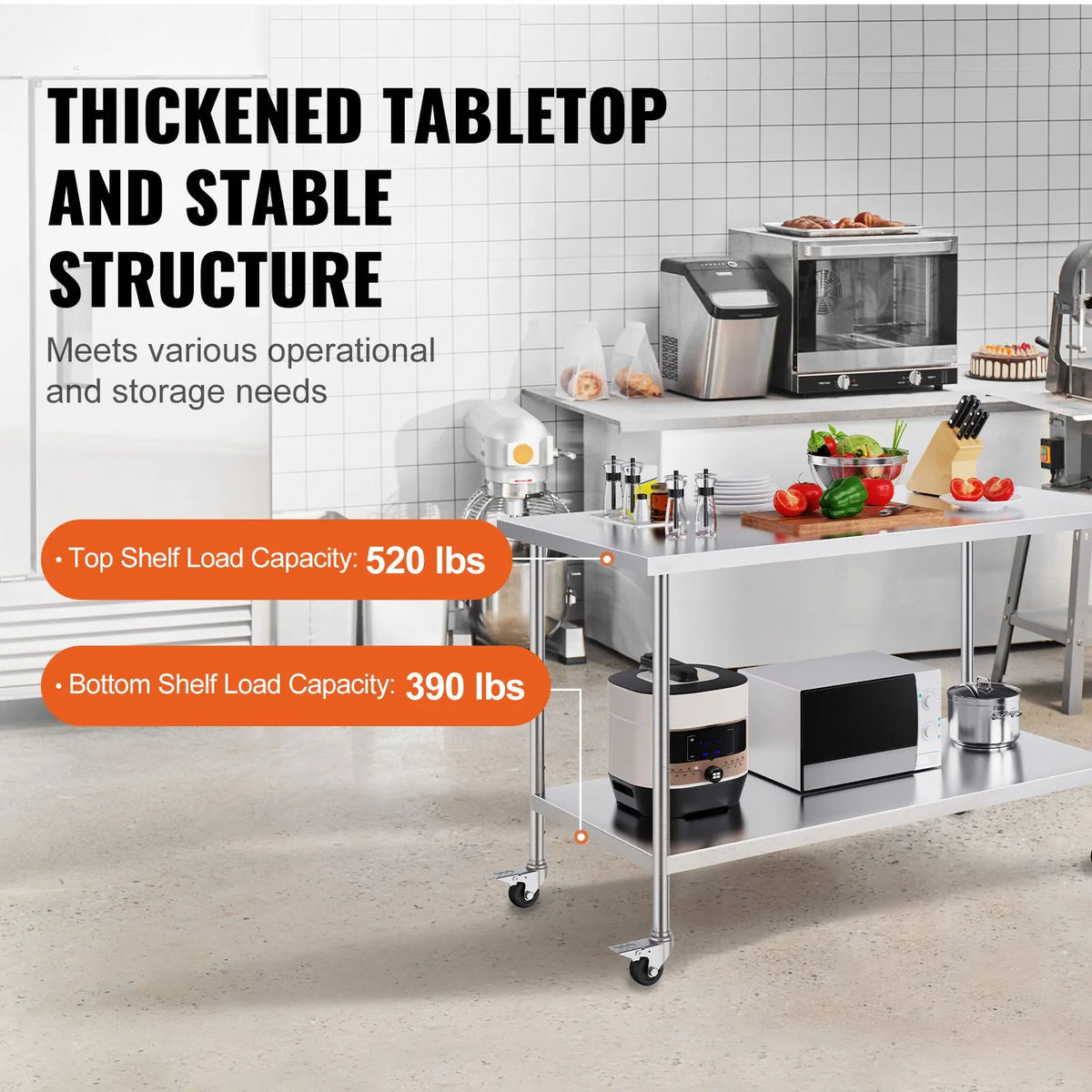 Stainless Steel Work Table 30 x 60 x 38 Inch, with 4 Wheels, 3 Adjustable Height Levels, Heavy Duty Food Prep Worktable for Commercial Kitchen Restaurant, Silver - Image 3