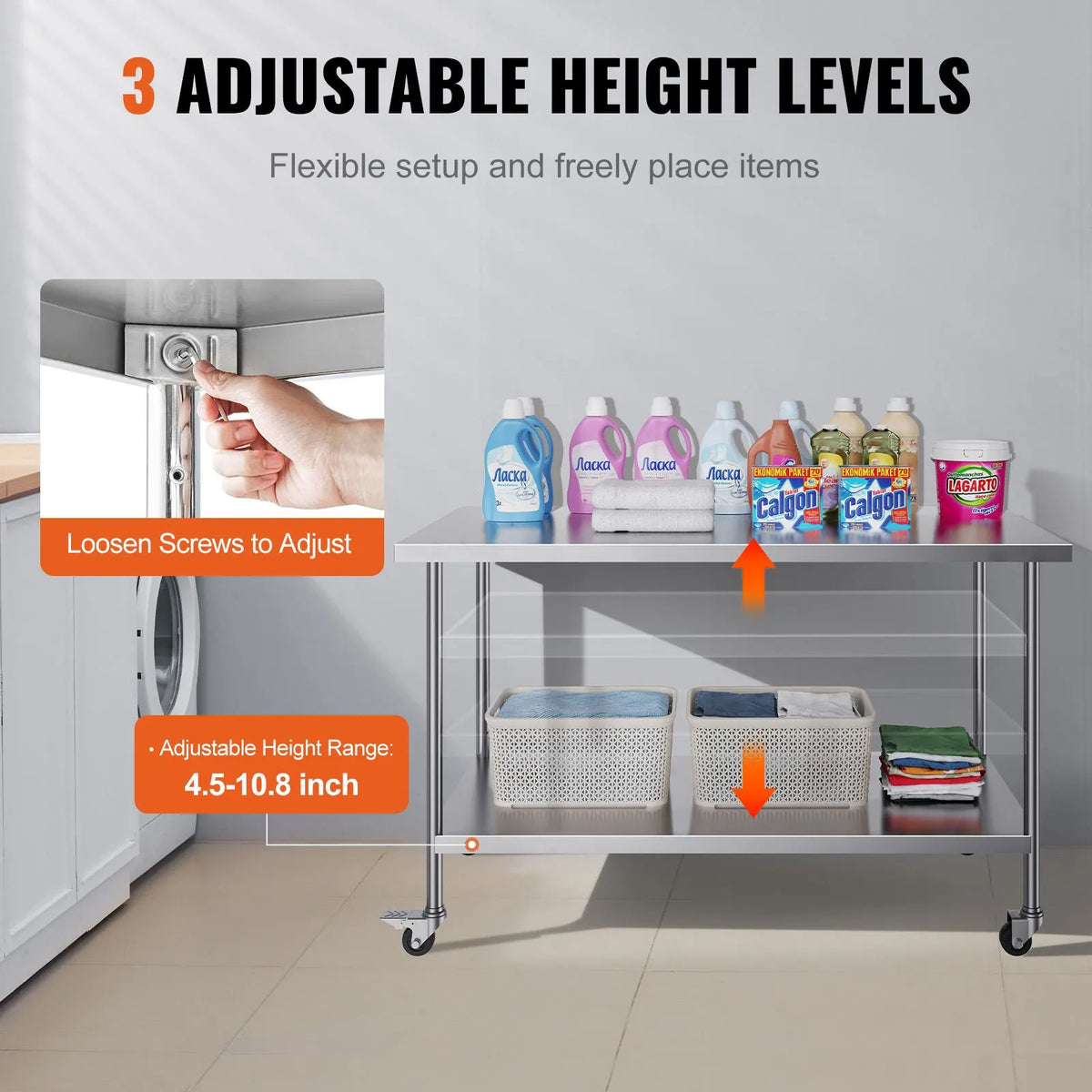 Stainless Steel Work Table 30 x 60 x 38 Inch, with 4 Wheels, 3 Adjustable Height Levels, Heavy Duty Food Prep Worktable for Commercial Kitchen Restaurant, Silver - Image 5