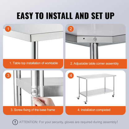 Stainless Steel Work Table 30 x 60 x 38 Inch, with 4 Wheels, 3 Adjustable Height Levels, Heavy Duty Food Prep Worktable for Commercial Kitchen Restaurant, Silver - Image 6