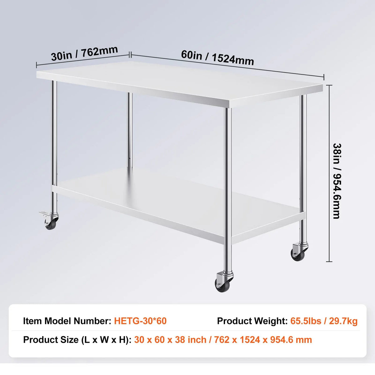 Stainless Steel Work Table 30 x 60 x 38 Inch, with 4 Wheels, 3 Adjustable Height Levels, Heavy Duty Food Prep Worktable for Commercial Kitchen Restaurant, Silver - Image 7