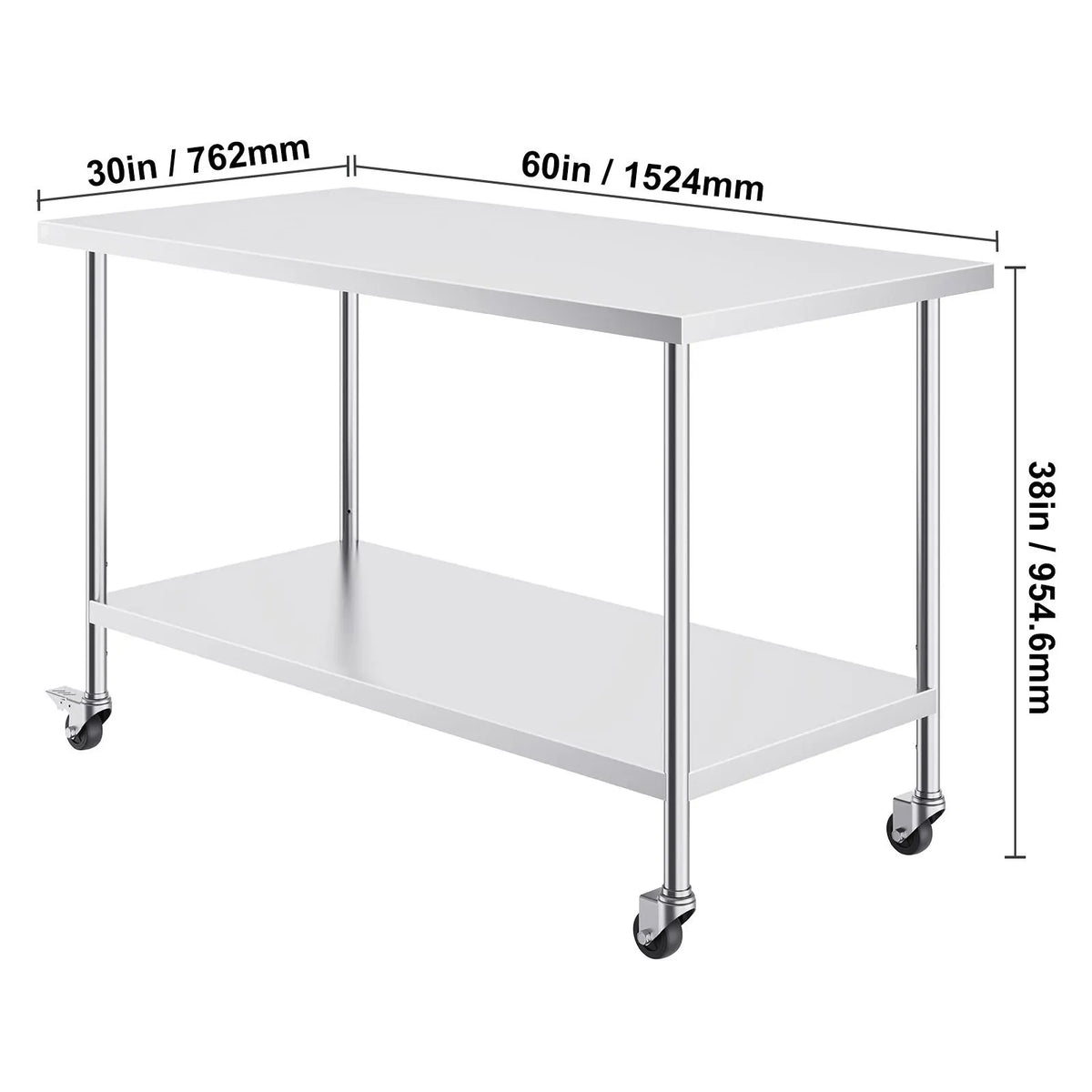 Stainless Steel Work Table 30 x 60 x 38 Inch, with 4 Wheels, 3 Adjustable Height Levels, Heavy Duty Food Prep Worktable for Commercial Kitchen Restaurant, Silver - Image 8