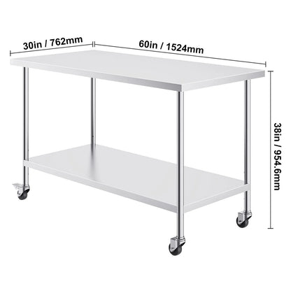Stainless Steel Work Table 30 x 60 x 38 Inch, with 4 Wheels, 3 Adjustable Height Levels, Heavy Duty Food Prep Worktable for Commercial Kitchen Restaurant, Silver - Image 8