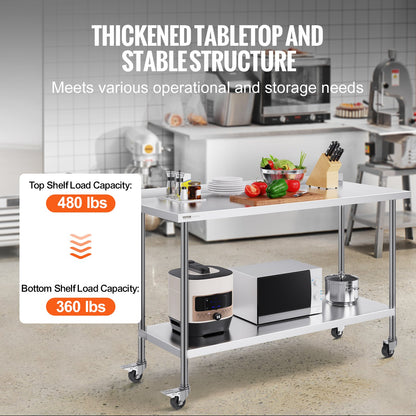 24 x 60 x 40 Inch Stainless Steel Work Table, Commercial Food Prep Worktable with Casters, Heavy Duty Prep Worktable, Metal Work Table with Adjustable Height for Restaurant, Home and Hotel - Image 3
