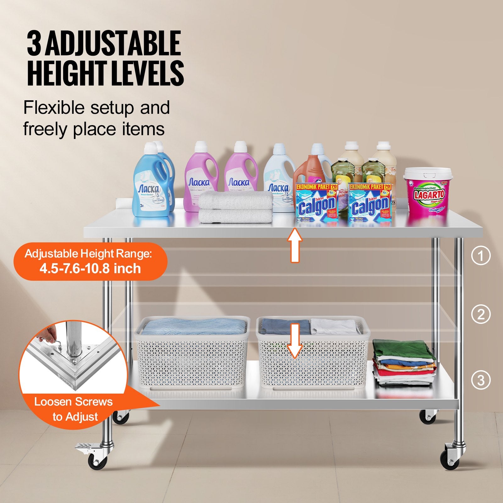 24 x 60 x 40 Inch Stainless Steel Work Table, Commercial Food Prep Worktable with Casters, Heavy Duty Prep Worktable, Metal Work Table with Adjustable Height for Restaurant, Home and Hotel - Image 5