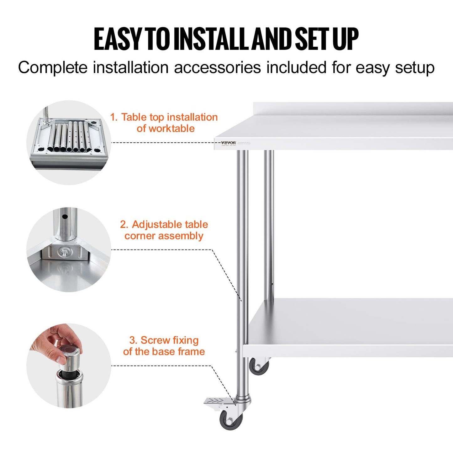 24 x 60 x 40 Inch Stainless Steel Work Table, Commercial Food Prep Worktable with Casters, Heavy Duty Prep Worktable, Metal Work Table with Adjustable Height for Restaurant, Home and Hotel - Image 6