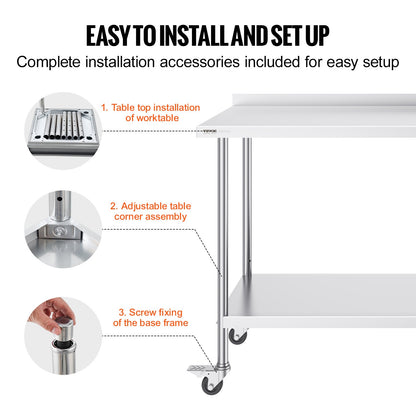 24 x 60 x 40 Inch Stainless Steel Work Table, Commercial Food Prep Worktable with Casters, Heavy Duty Prep Worktable, Metal Work Table with Adjustable Height for Restaurant, Home and Hotel - Image 6