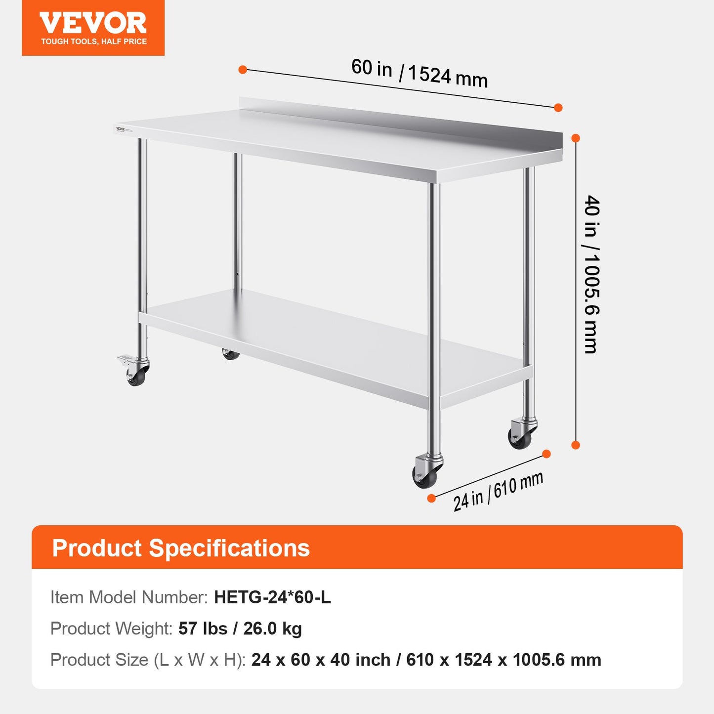 24 x 60 x 40 Inch Stainless Steel Work Table, Commercial Food Prep Worktable with Casters, Heavy Duty Prep Worktable, Metal Work Table with Adjustable Height for Restaurant, Home and Hotel - Image 7